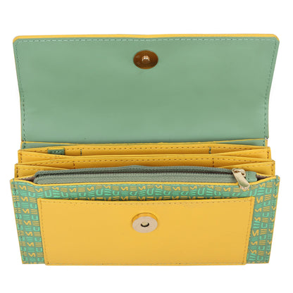 EUME Ladybug Clutch: stylish yellow and green wallet with multiple compartments.