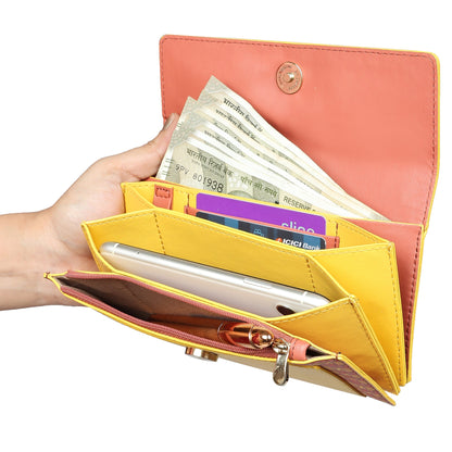 EUME Ladybug Clutch with cash, cards, and smartphone compartments.