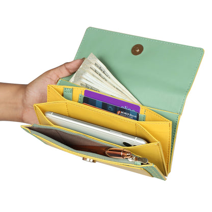 EUME Ladybug Clutch showing organized compartments for cash and cards.