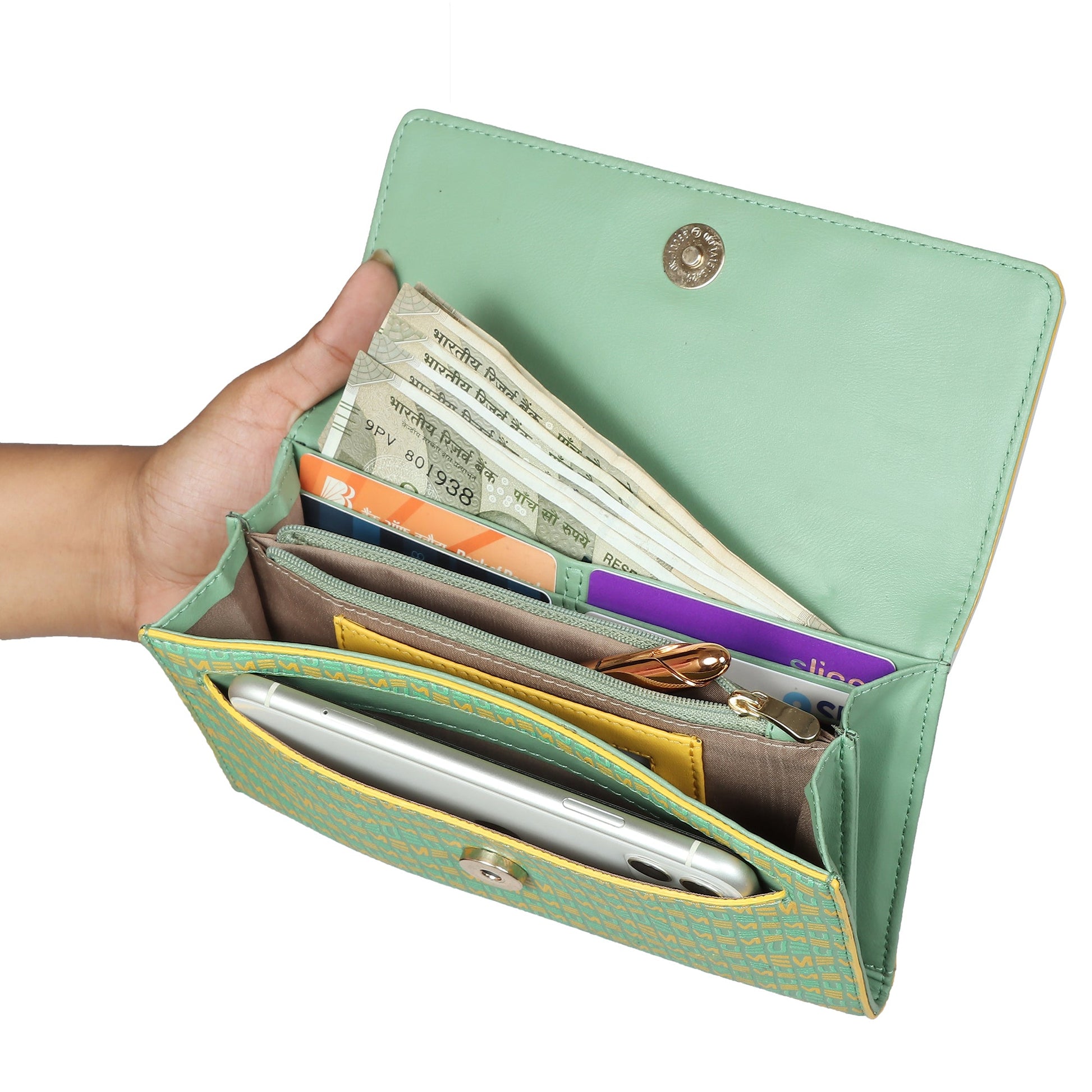 EUME Firefly Clutch with organized compartments for cash and cards.