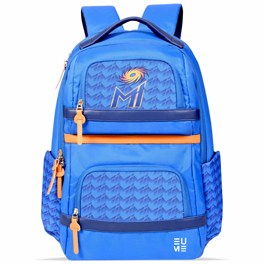 EUME Mumbai Indians MI 29L laptop backpack in vibrant blue color.