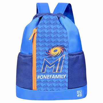 EUME Mumbai Indians MI 19 Ltrs Drawstring Backpack in blue and orange.