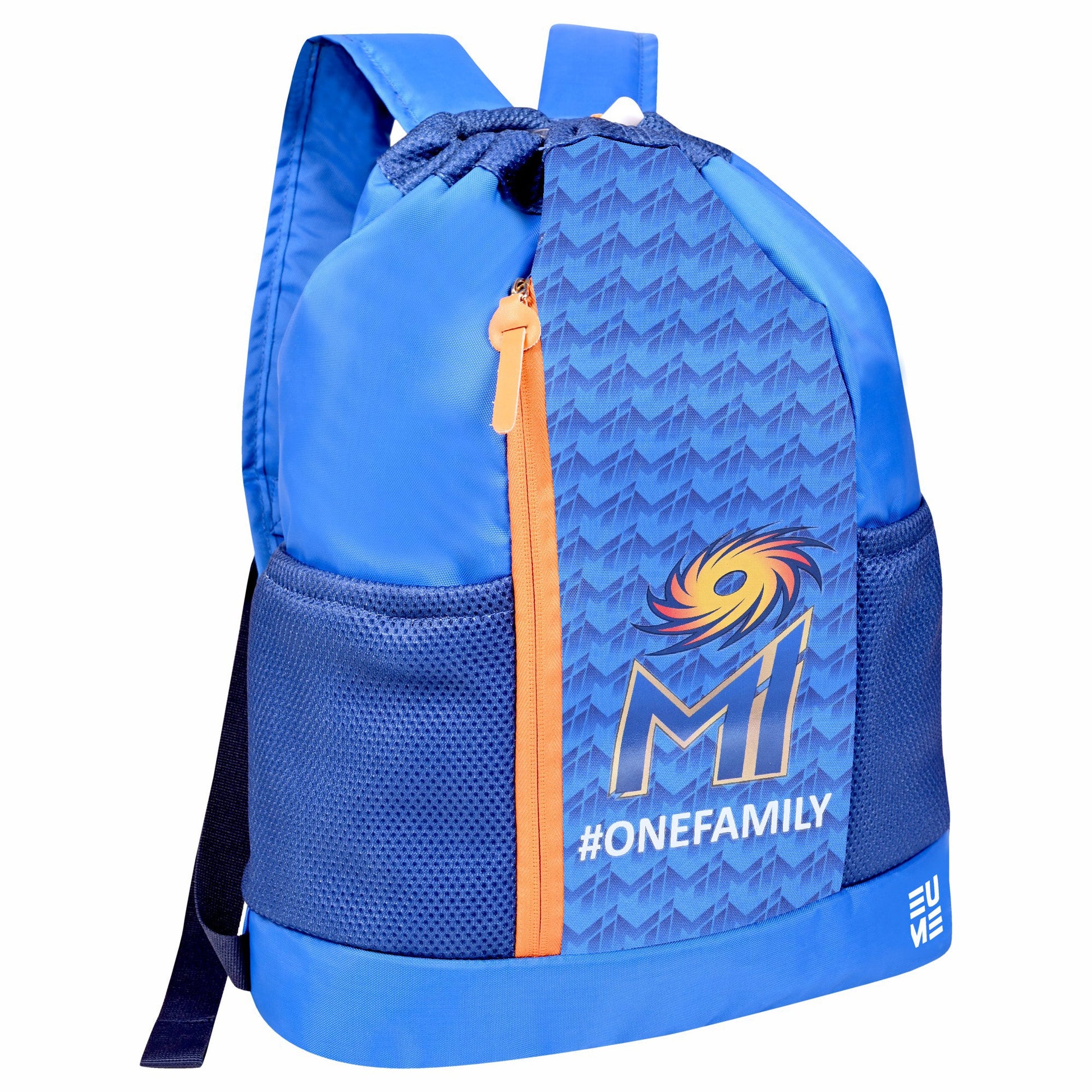 EUME Mumbai Indians 19L drawstring backpack in blue and orange.