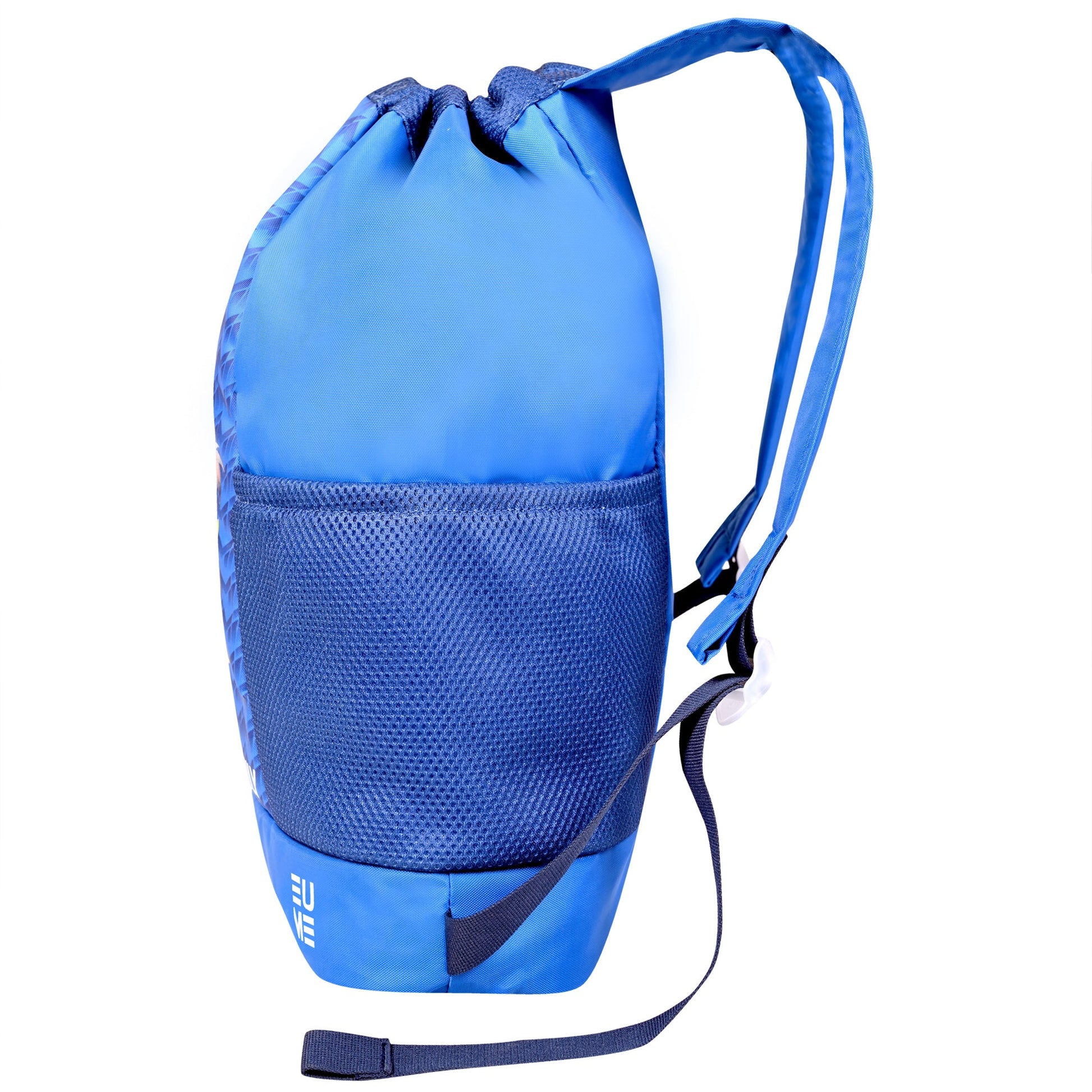 EUME Mumbai Indians 19L drawstring backpack in vibrant blue color.