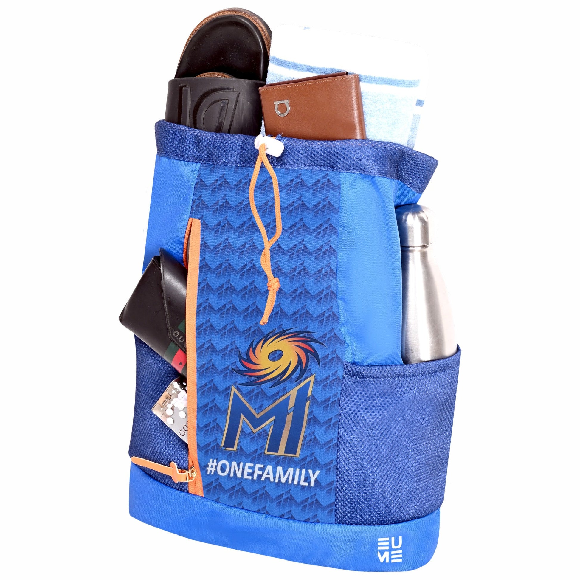 EUME Mumbai Indians drawstring backpack with various items inside.