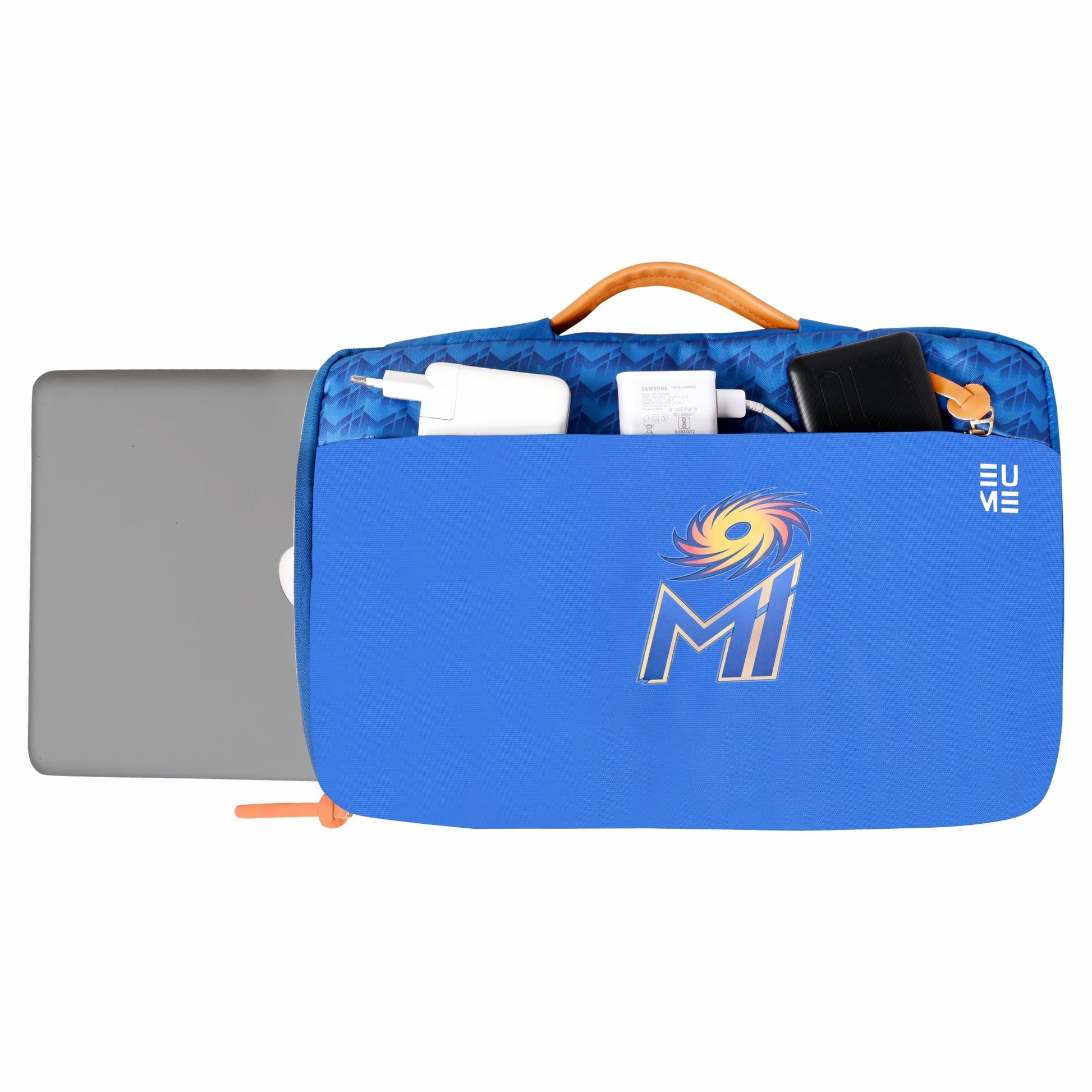 EUME Mumbai Indians laptop sleeve with charger, stylish and protective design.