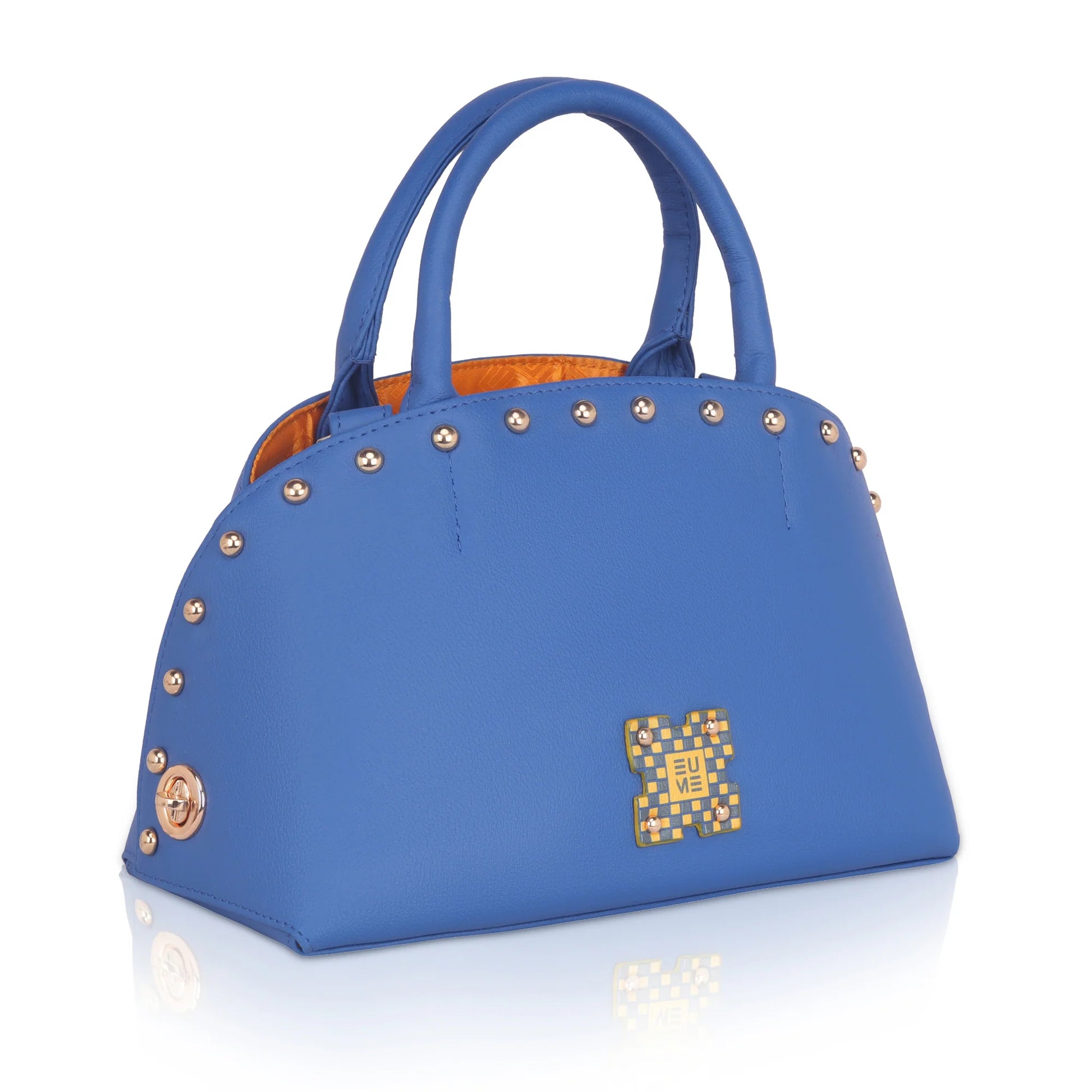 Marigold Satchel Bag in vibrant blue with stylish studs.