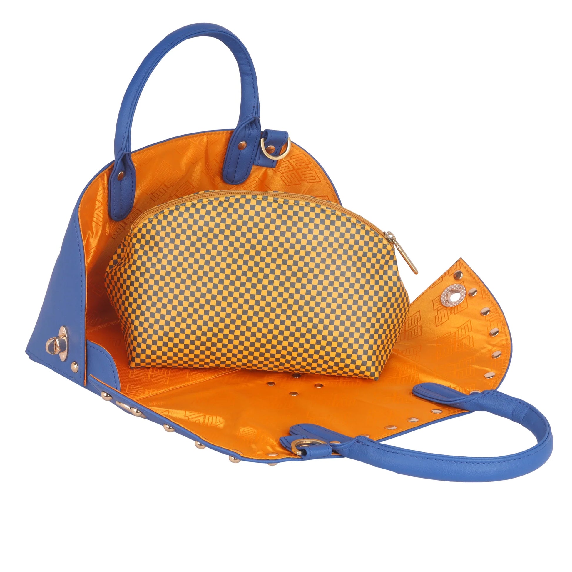 Marigold Satchel Bag with orange interior and checkered pouch.