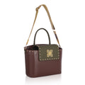 Stylish Orchid single sling laptop tote bag in dark brown and green.