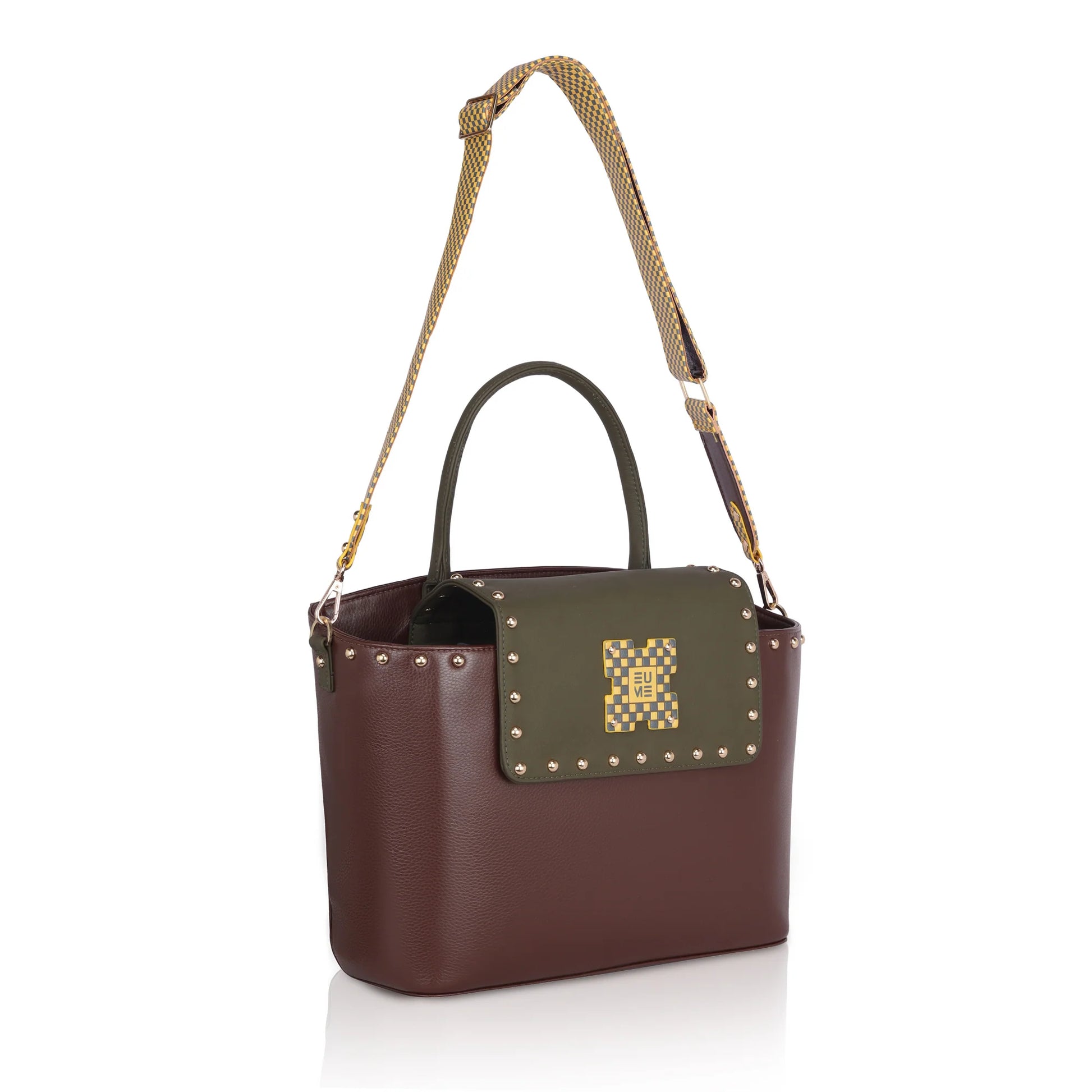 Stylish Orchid single sling laptop tote bag in dark brown and green.