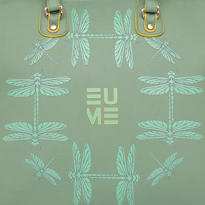 Stylish green handbag with dragonfly design, perfect for laptops.