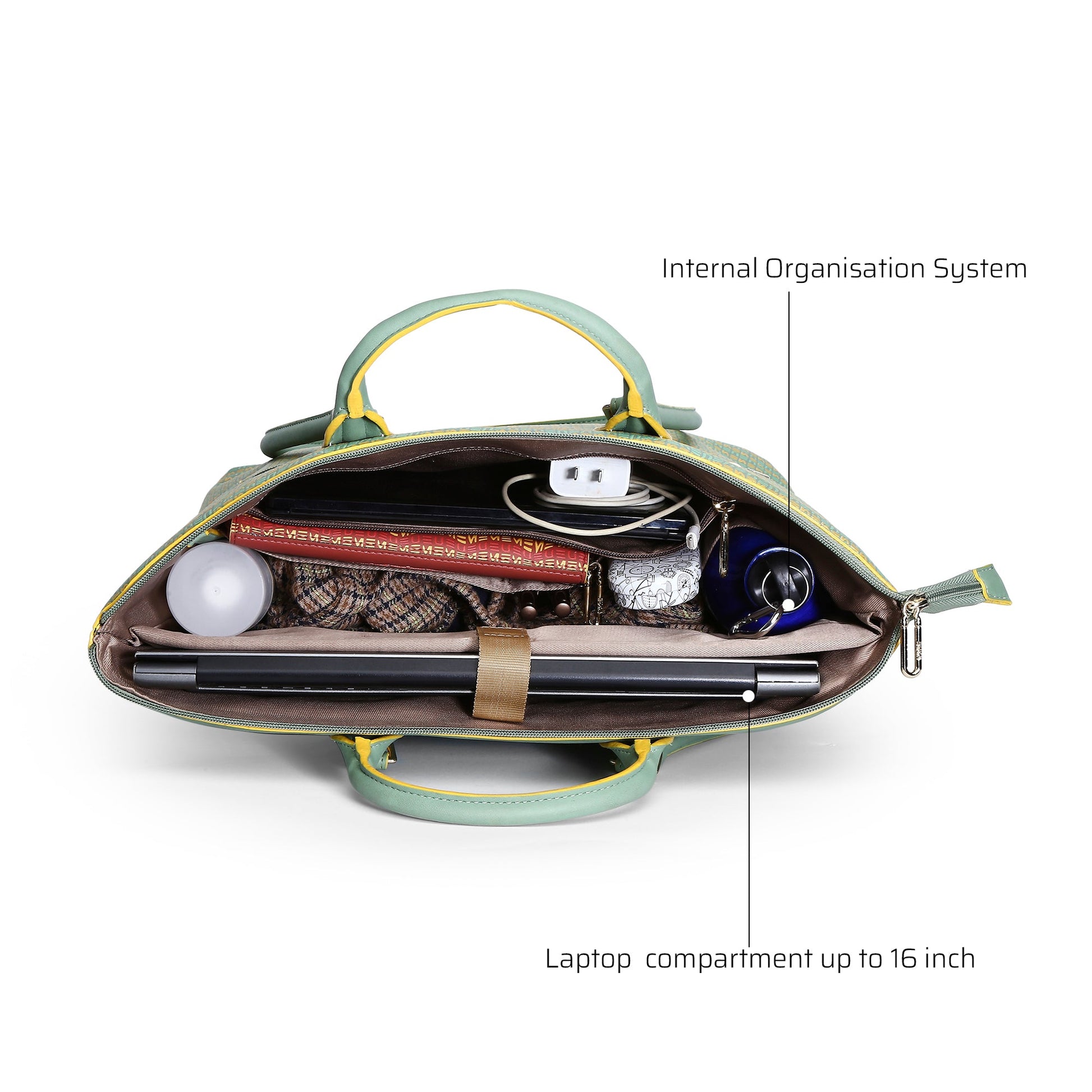 Broadwing Laptop Handbag interior showcasing organizational compartments and laptop space.