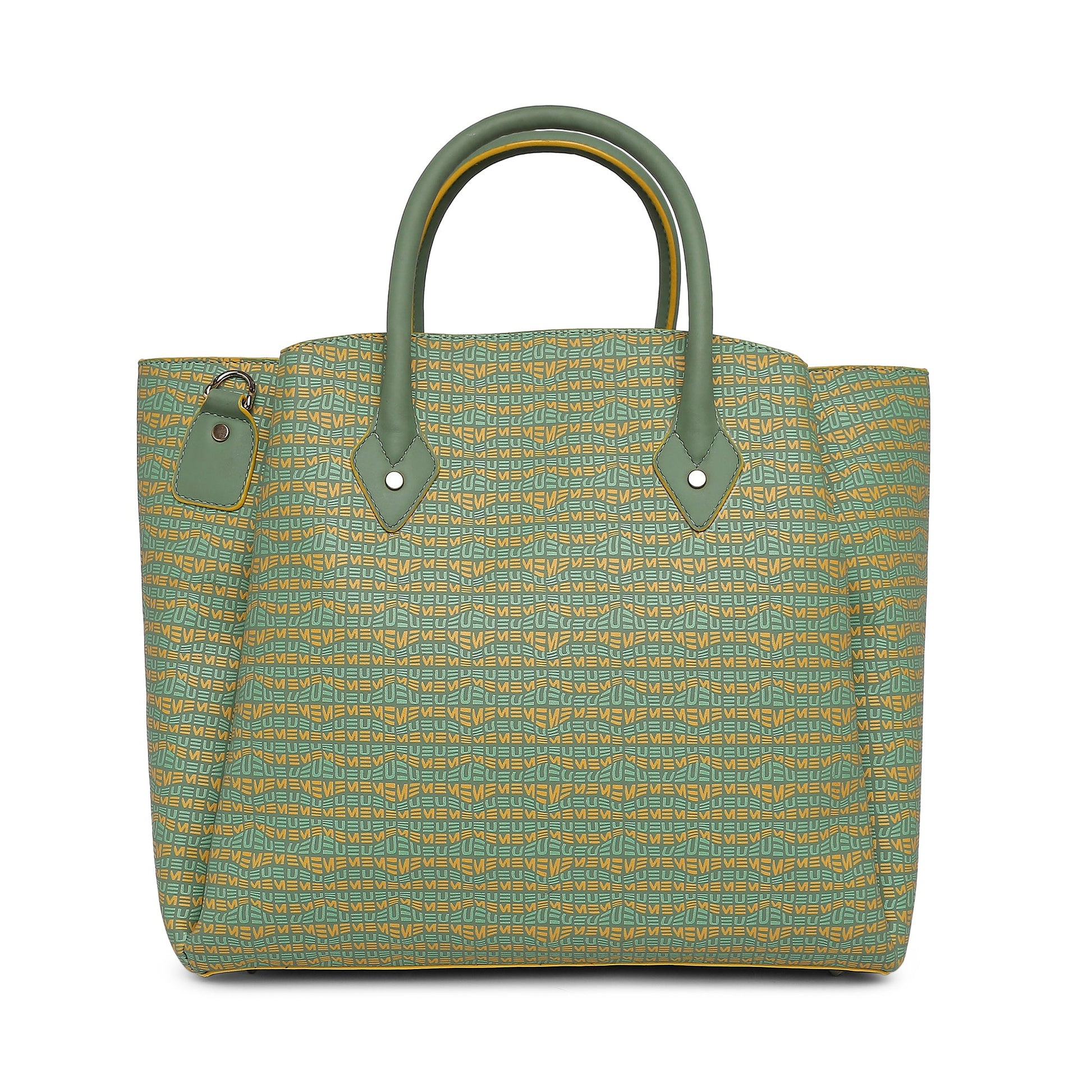 Stylish Spreadwing Tote Handbag in green and yellow geometric design.