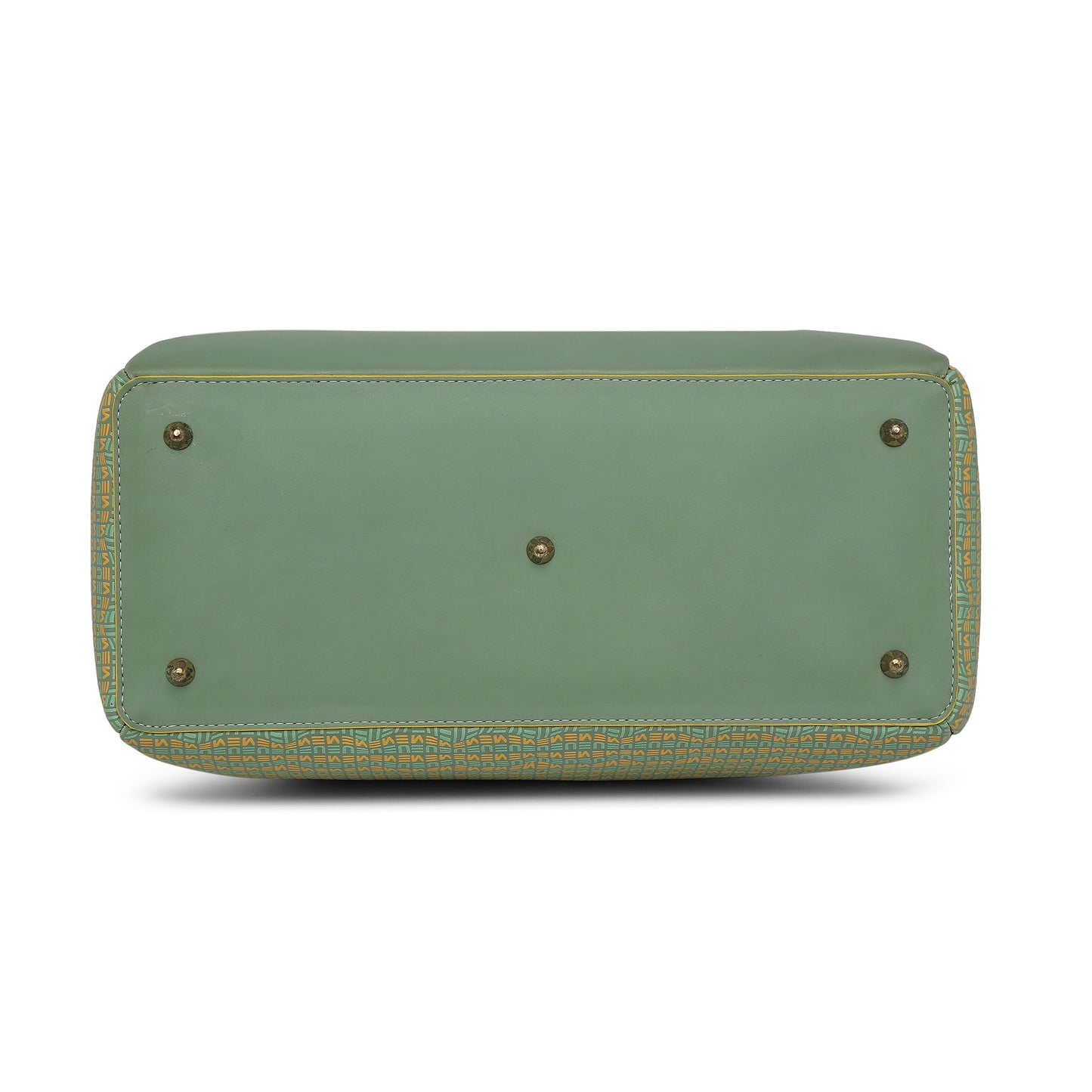 "Bottom view of Spreadwing Tote Handbag in green and patterned design."