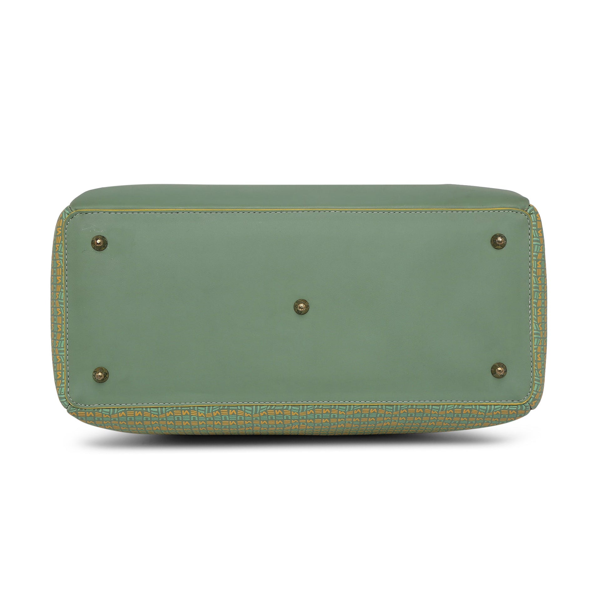 "Bottom view of Spreadwing Tote Handbag in green and patterned design."