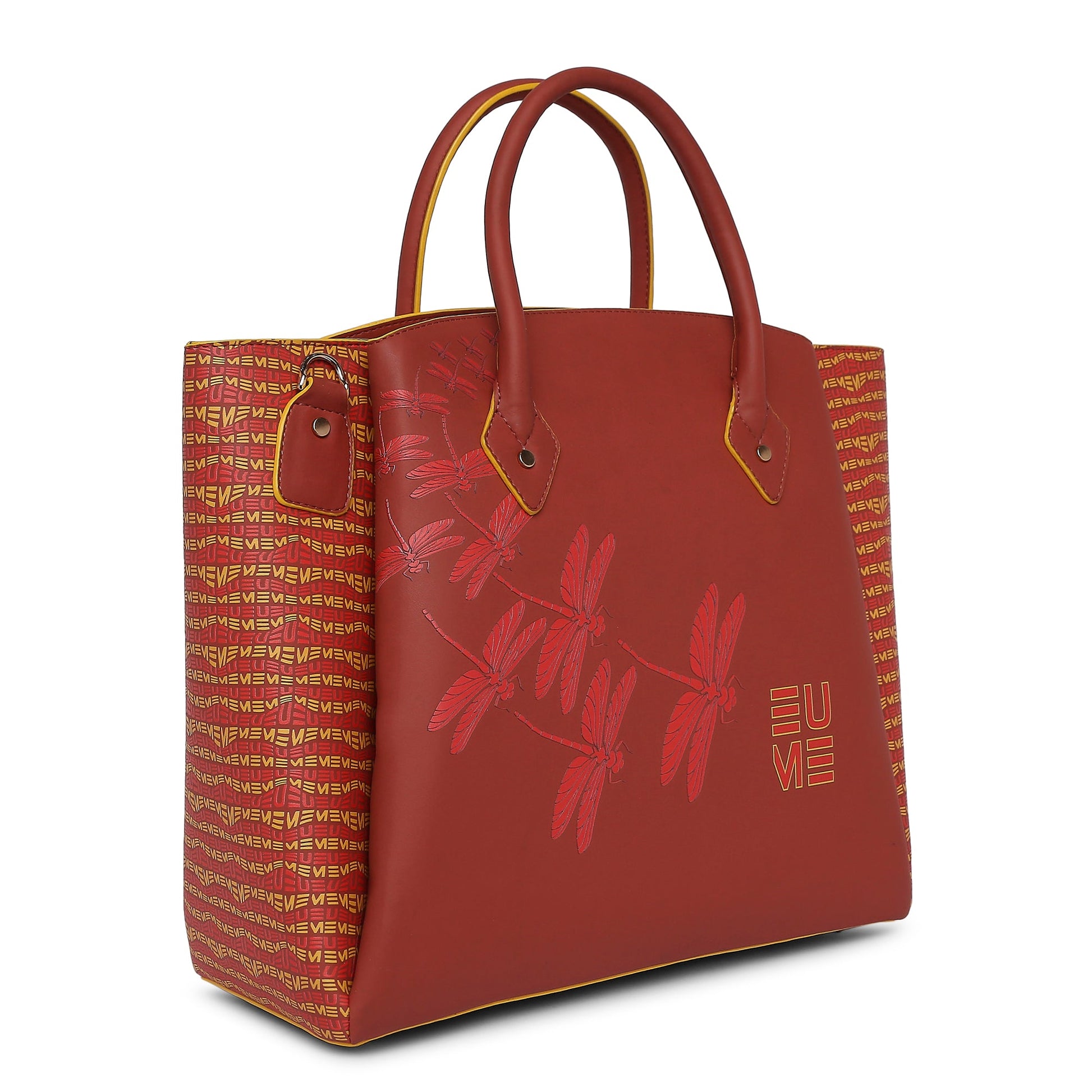 Spreadwing Tote Handbag in rich red with dragonfly design.