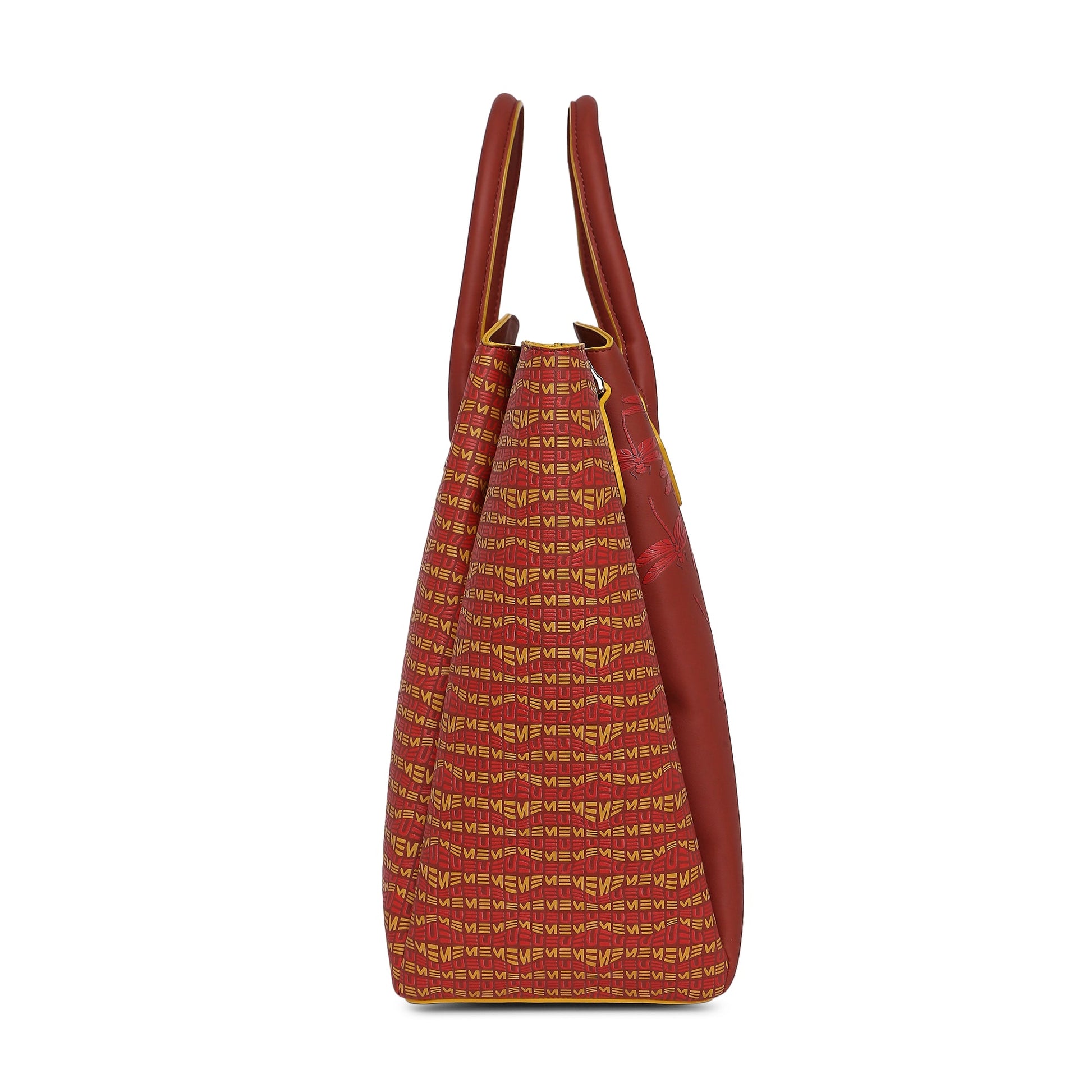 Spreadwing Tote Handbag in vibrant red and patterned design.