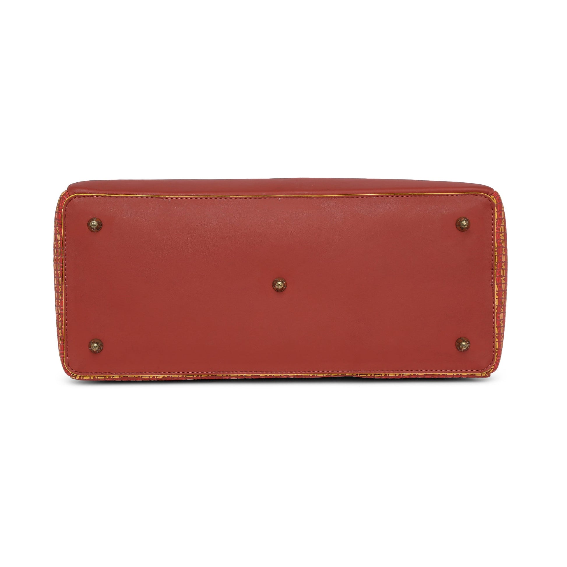 Bottom view of Spreadwing Tote Handbag in rich red leather.