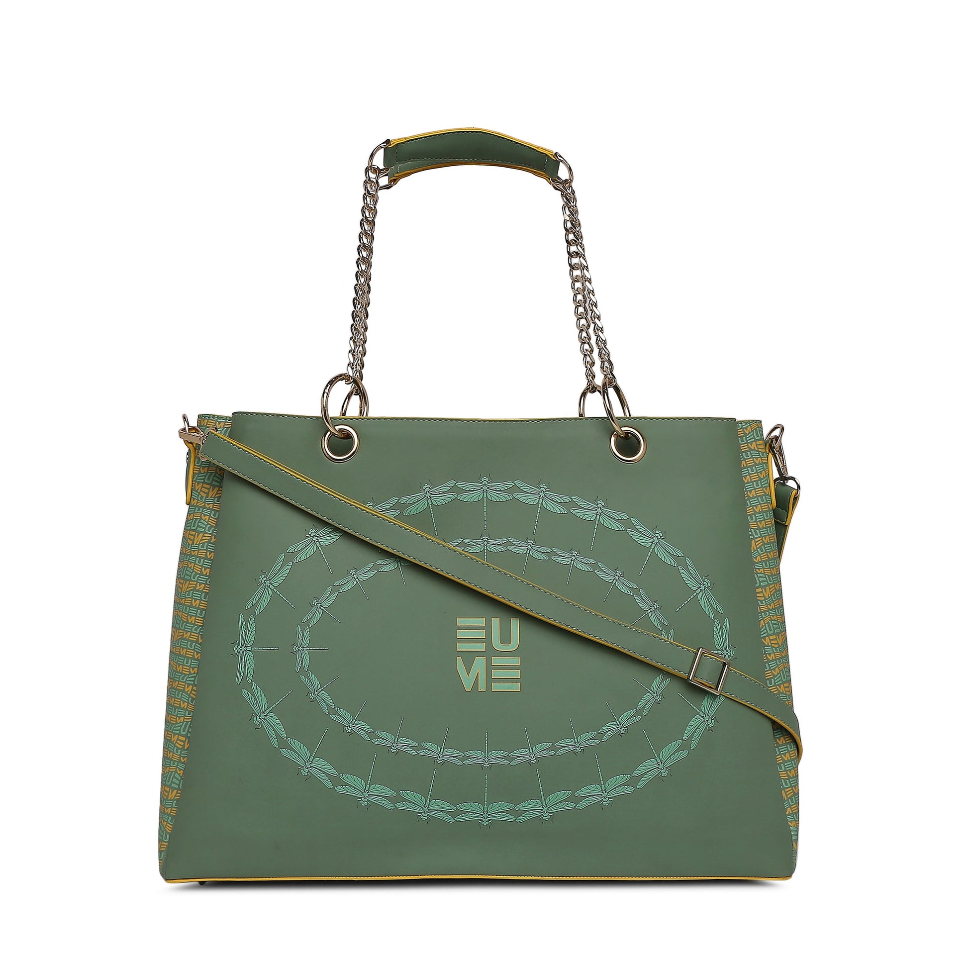 Stylish Flapper Laptop Handbag in green with chain handles.