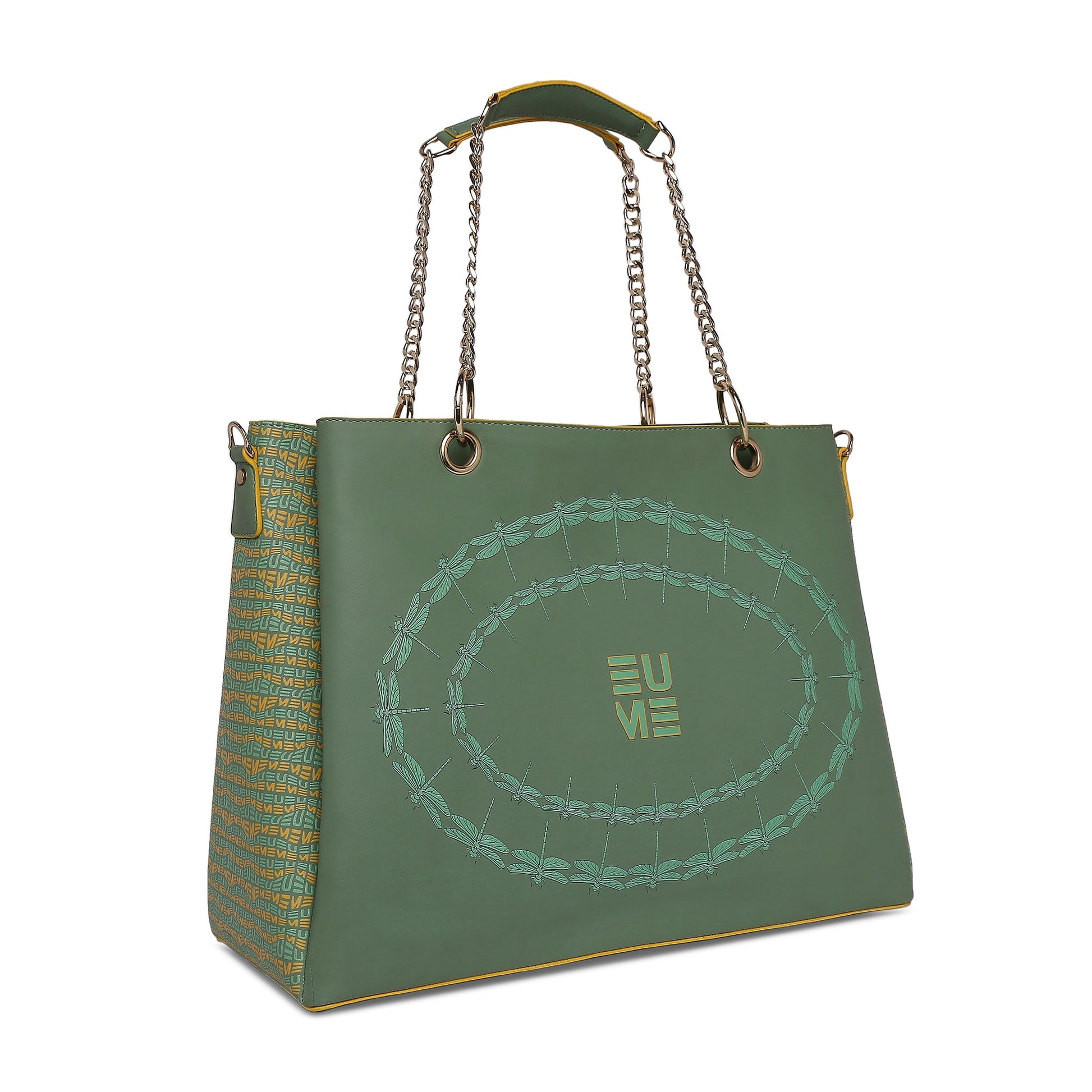 Stylish green Flapper laptop handbag with chain straps.