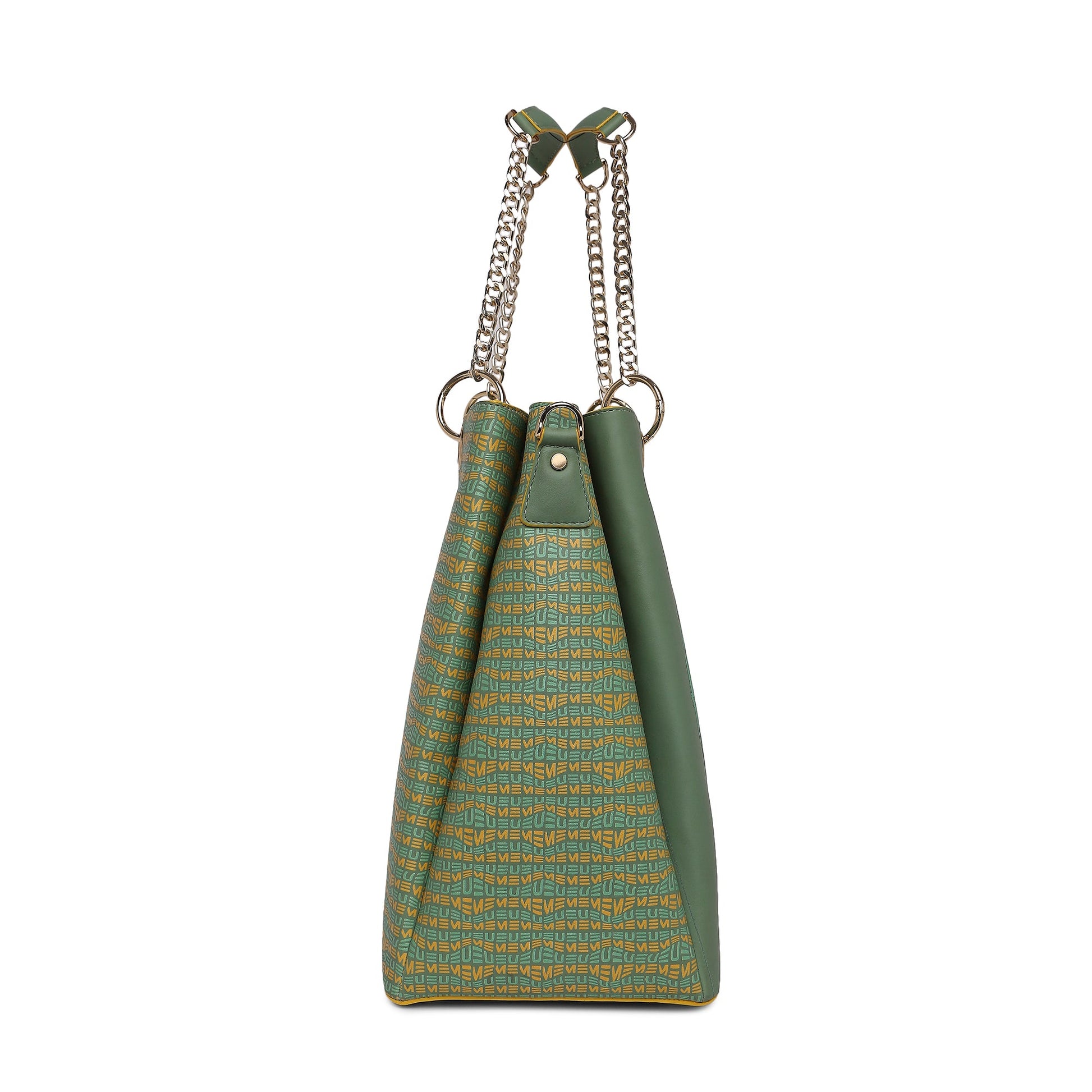 Flapper Laptop Handbag in green and yellow geometric design.