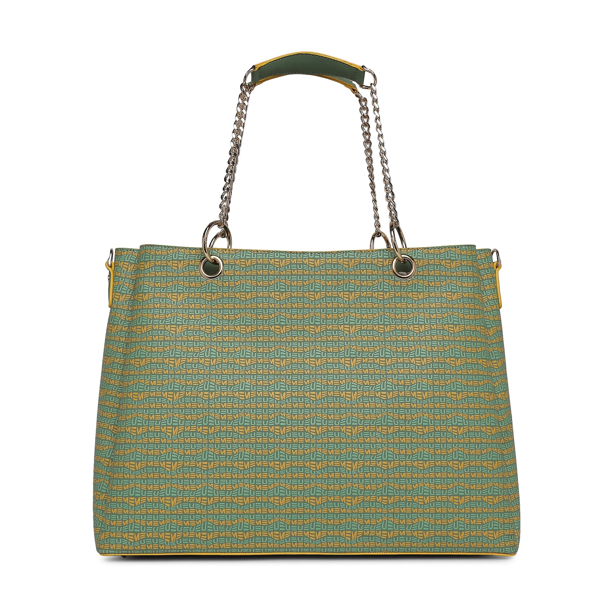 Flapper Laptop Handbag in green and gold stylish design.