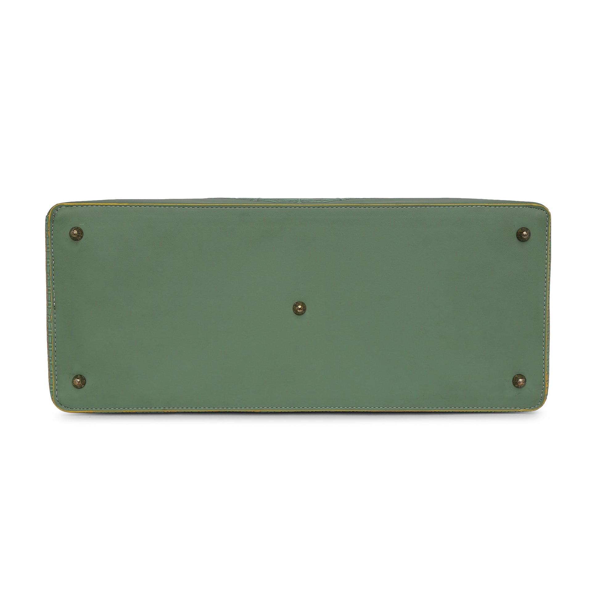 Stylish green Flapper laptop handbag base with brass studs.