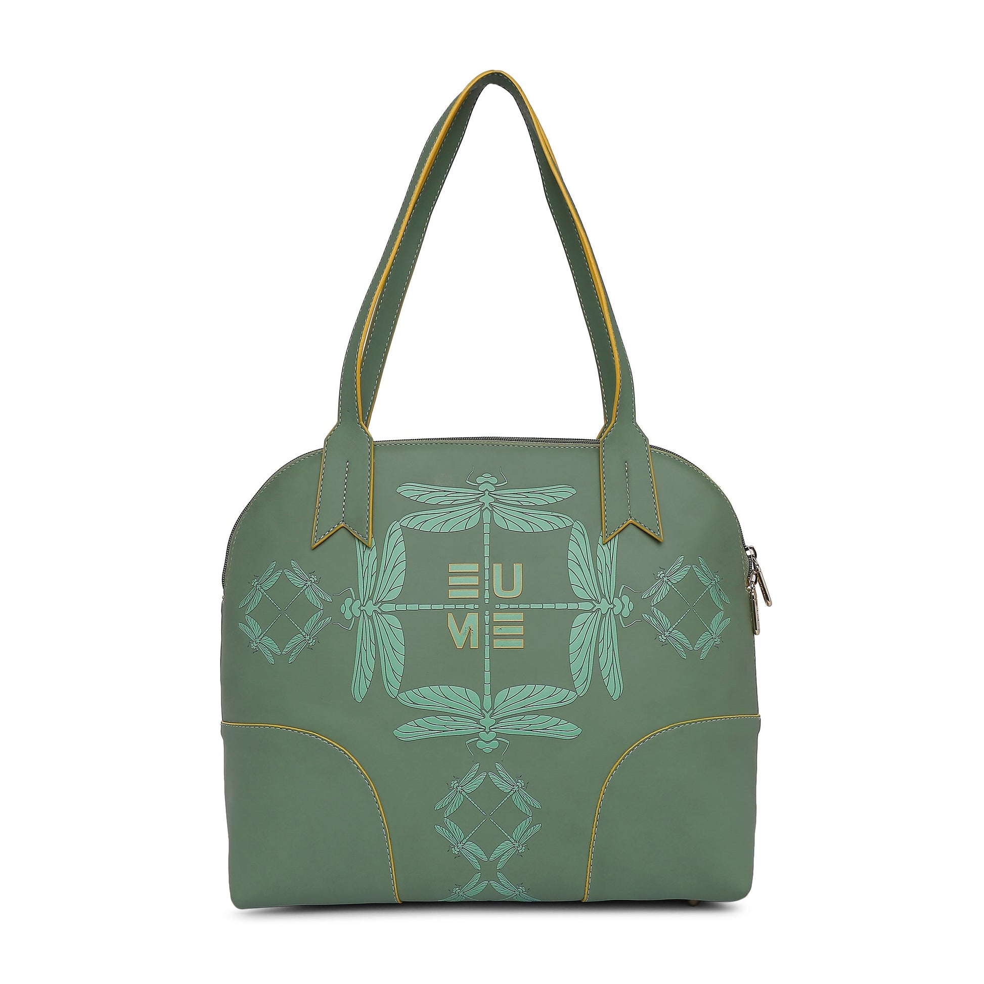 Luna Bowling Handbag in green with dragonfly design and sturdy straps.