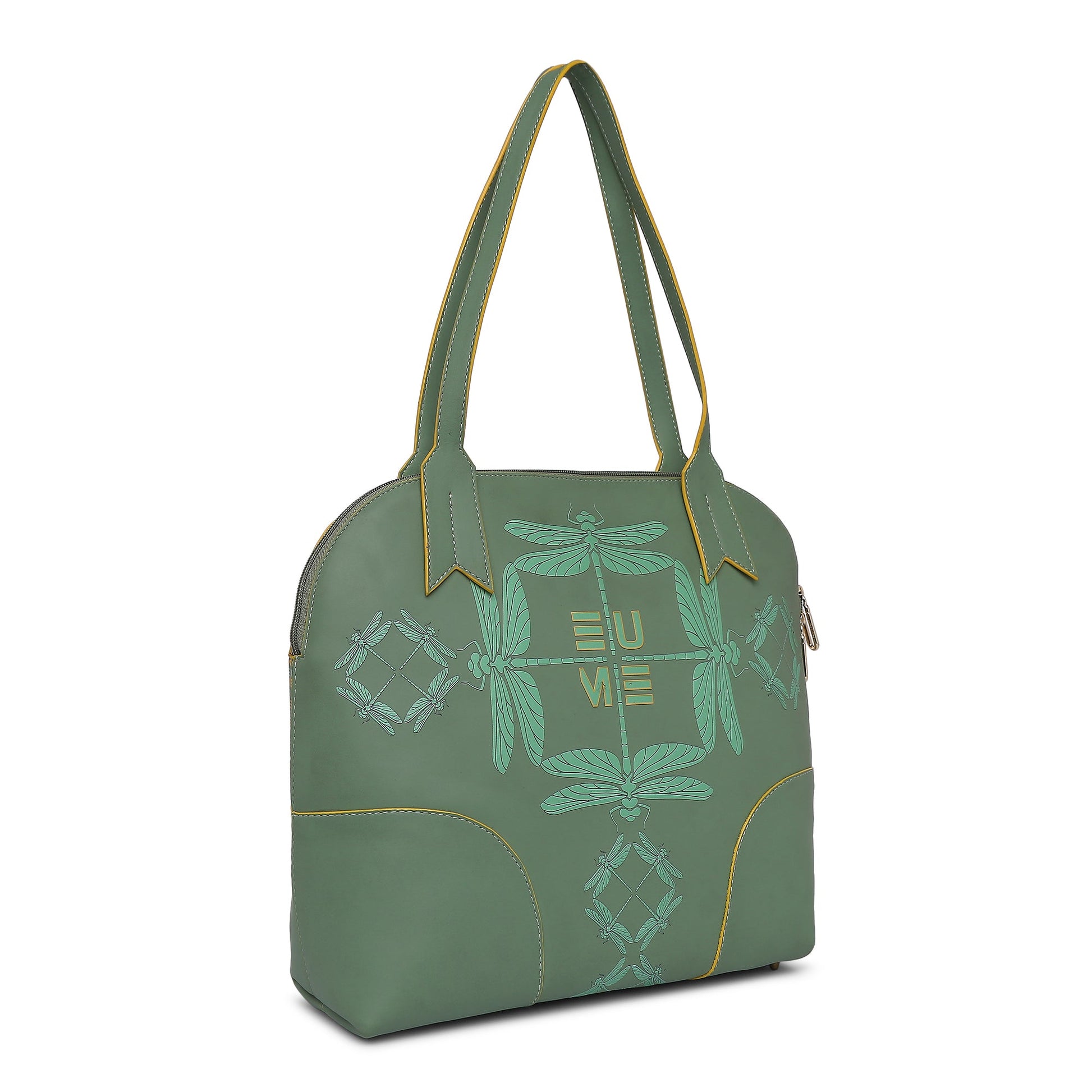 Luna Bowling Handbag in green leather with dragonfly design.