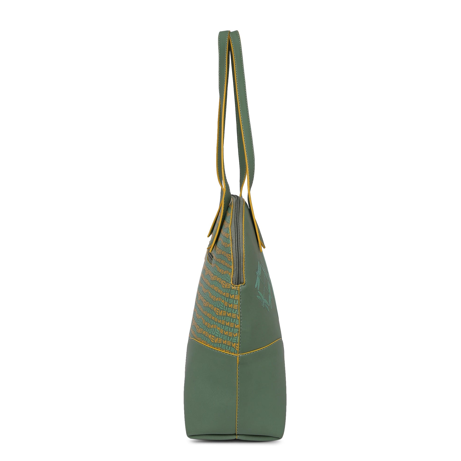 Luna Bowling Handbag in green with stylish yellow accents.