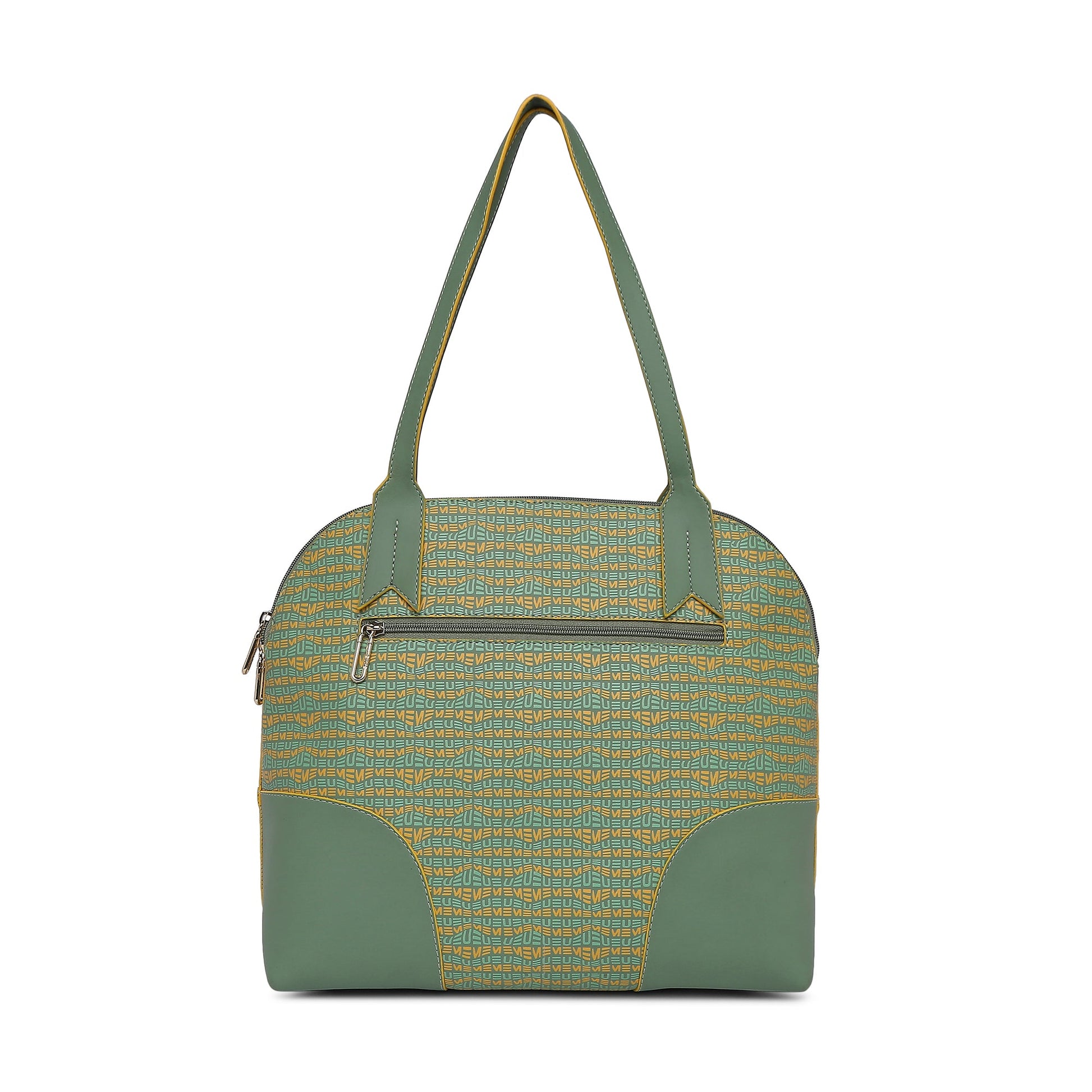 Luna Bowling Handbag in stylish green and yellow design.