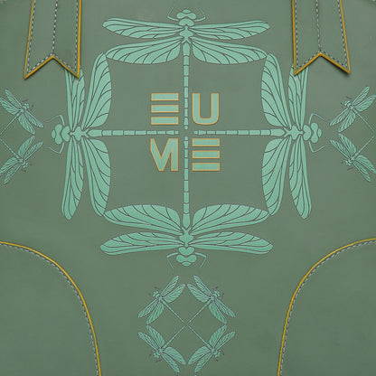 Luna Bowling Handbag with dragonfly motif and bold lettering design.