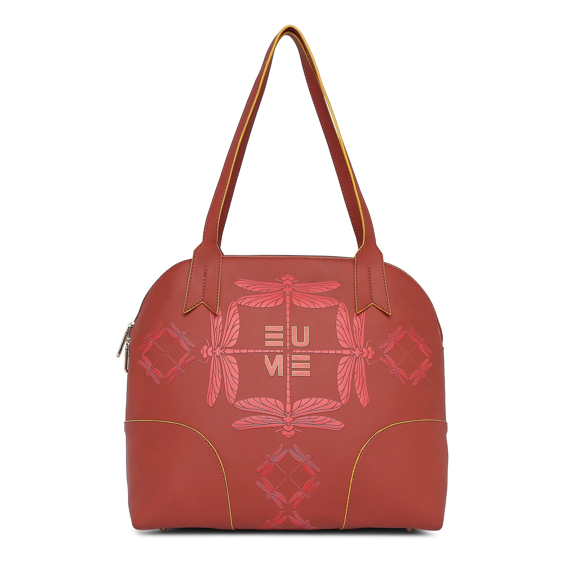 Luna Bowling Handbag in stylish red leather with dragonfly design.