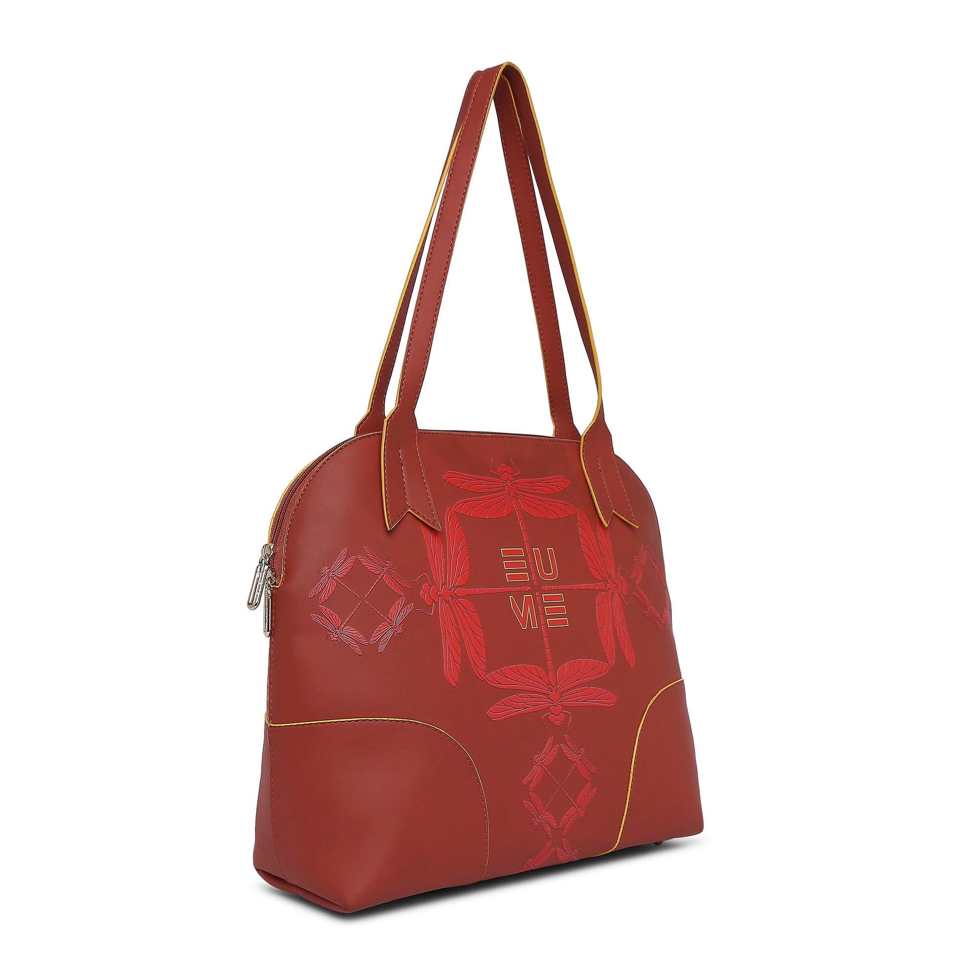 Luna Bowling Handbag with unique dragonfly design in red leather.