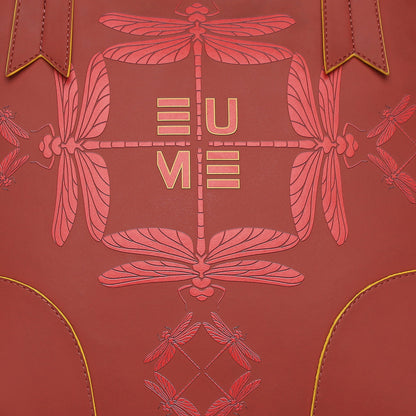 Luna Bowling Handbag with dragonfly design in red leather.