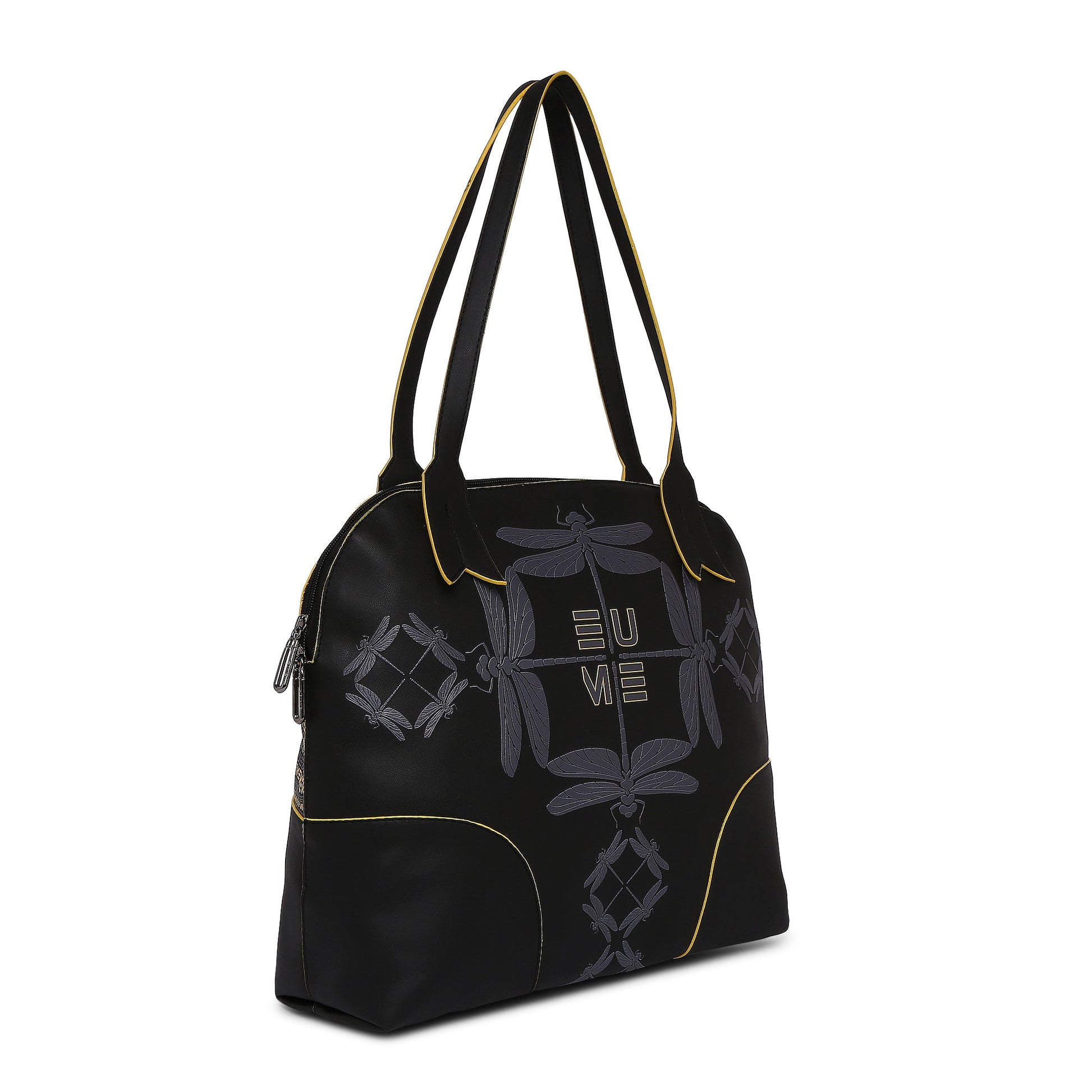 Luna Bowling Handbag in black with stylish dragonfly design.