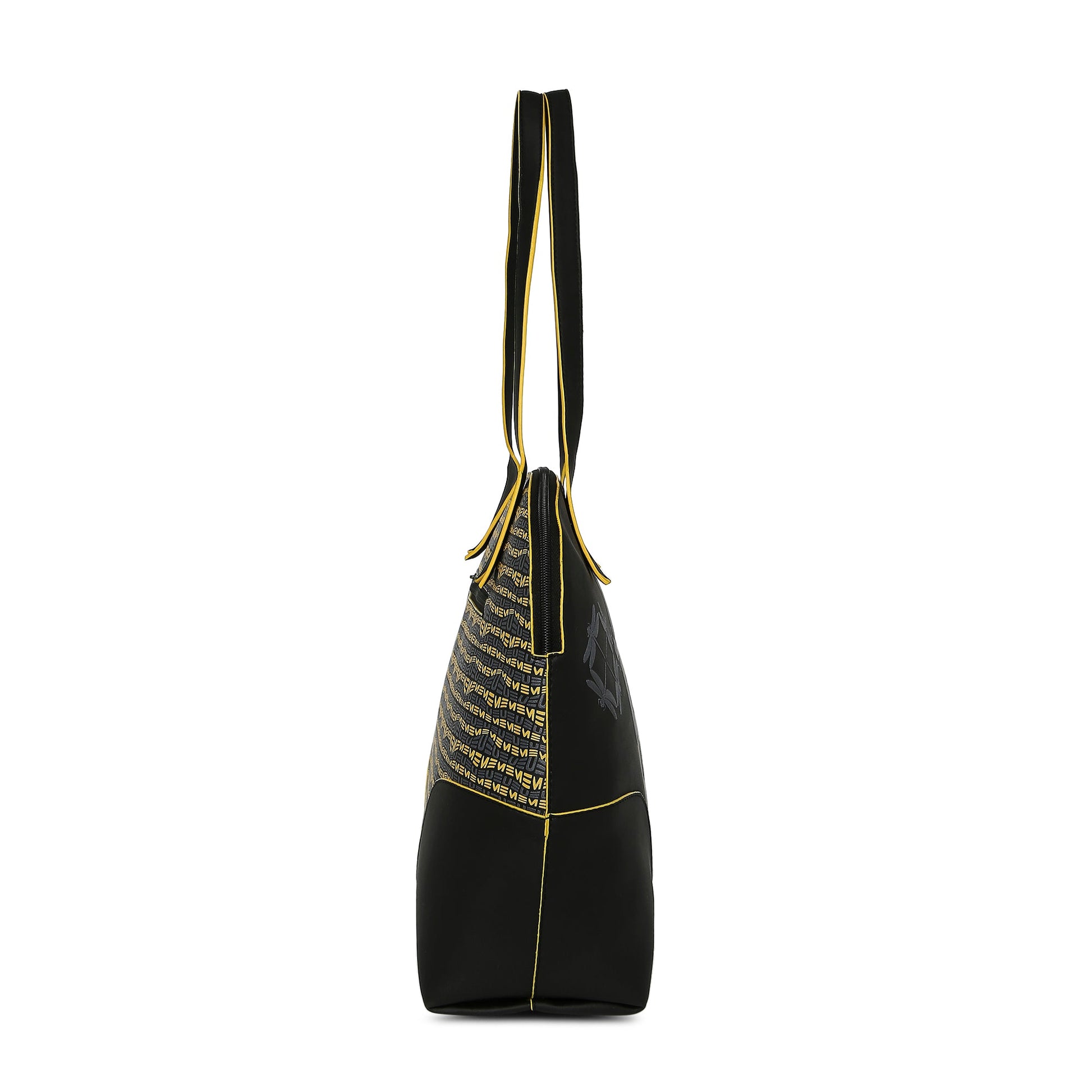 Luna Bowling Handbag in black and yellow side view.