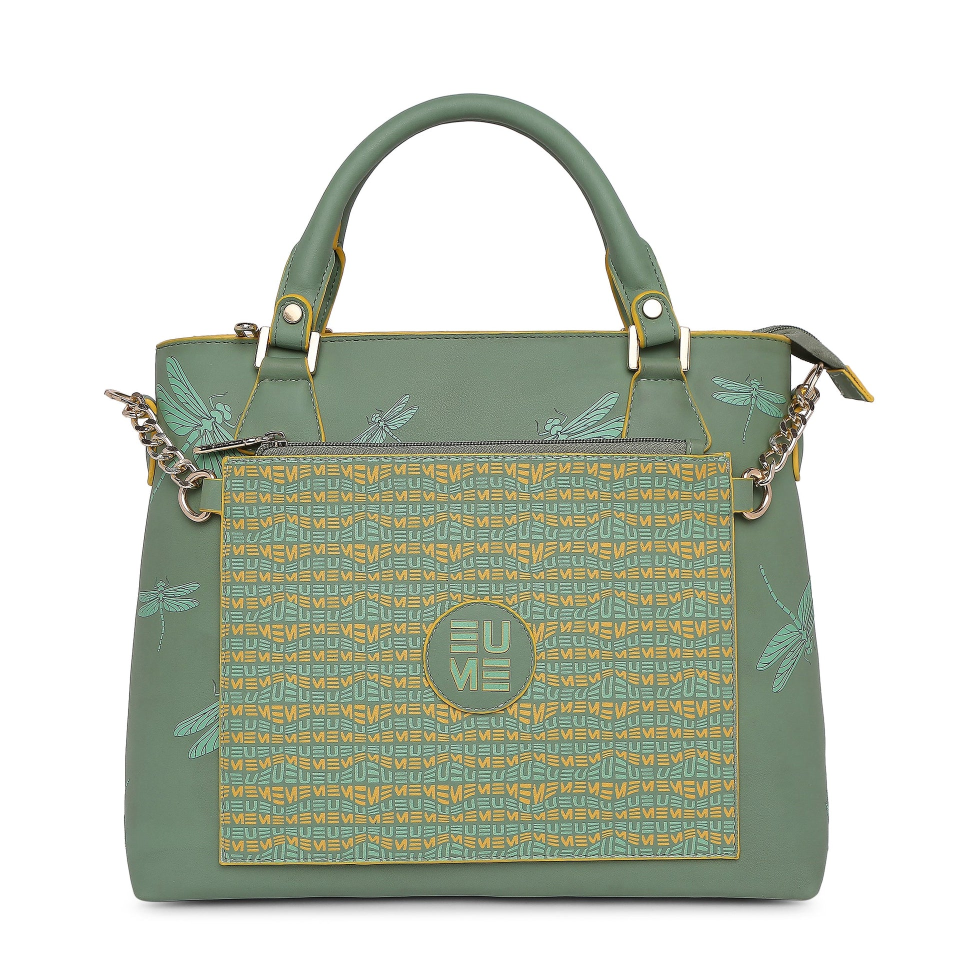 Skimmer Tote Handbag in green with dragonfly design and chain strap.