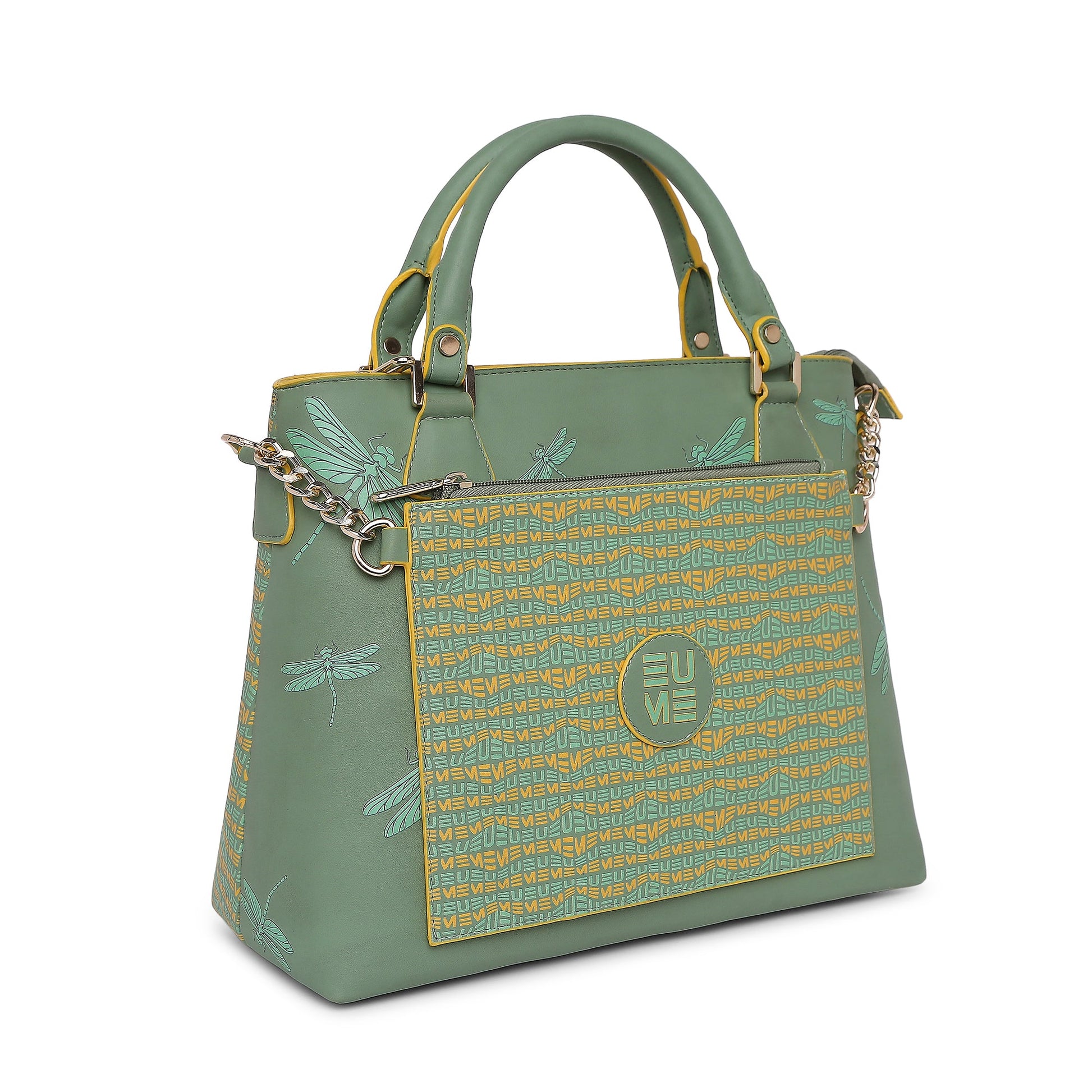 Skimmer Tote Handbag in green with dragonfly design and chain straps.