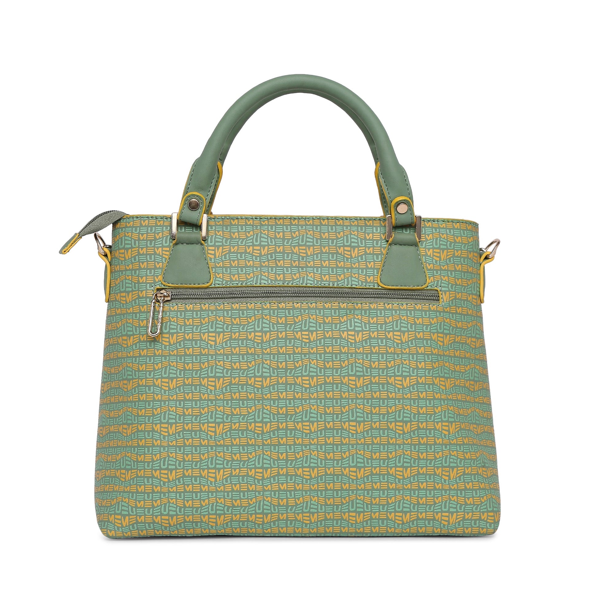 Skimmer Tote Handbag in green and gold geometric pattern.