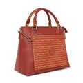 Skimmer Tote Handbag in vibrant red with stylish pattern and chain detail.