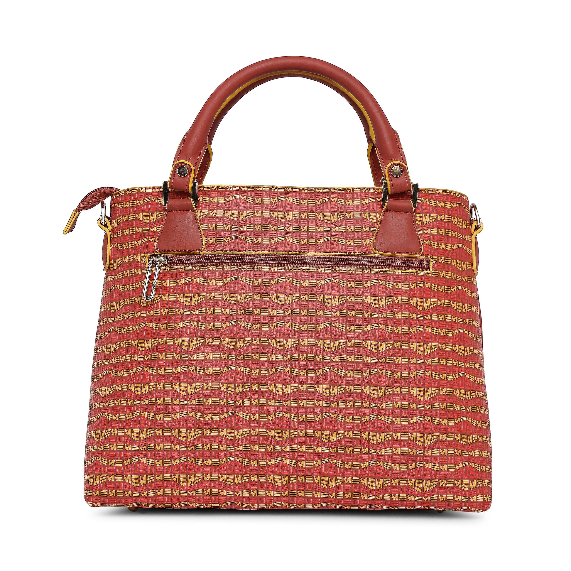 Skimmer Tote Handbag with vibrant pattern and stylish brown accents.