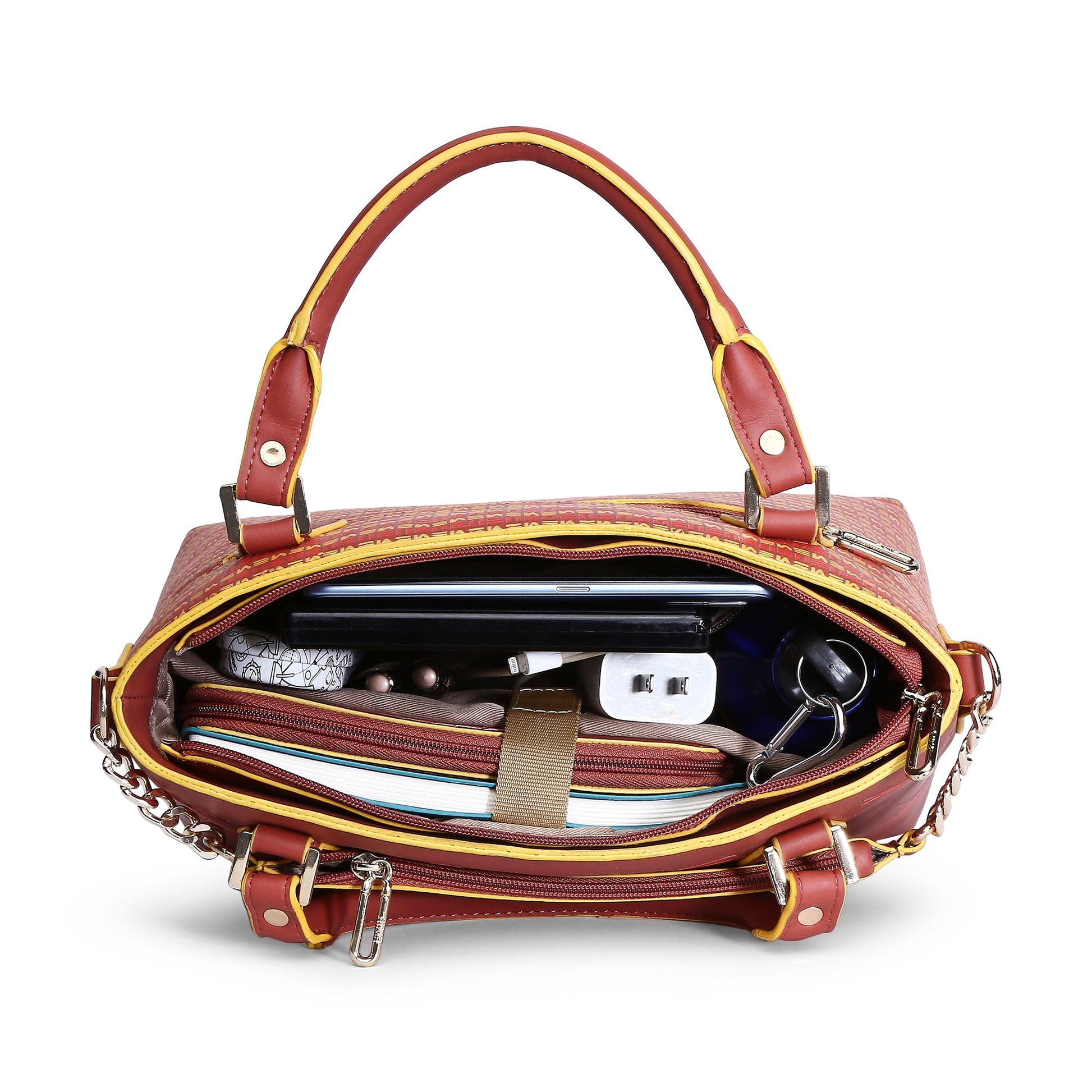 Interior view of Skimmer Tote Handbag showcasing organized compartments and stylish design.