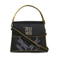 Spike-tail Satchel Handbag in black with yellow accents and dragonfly design.