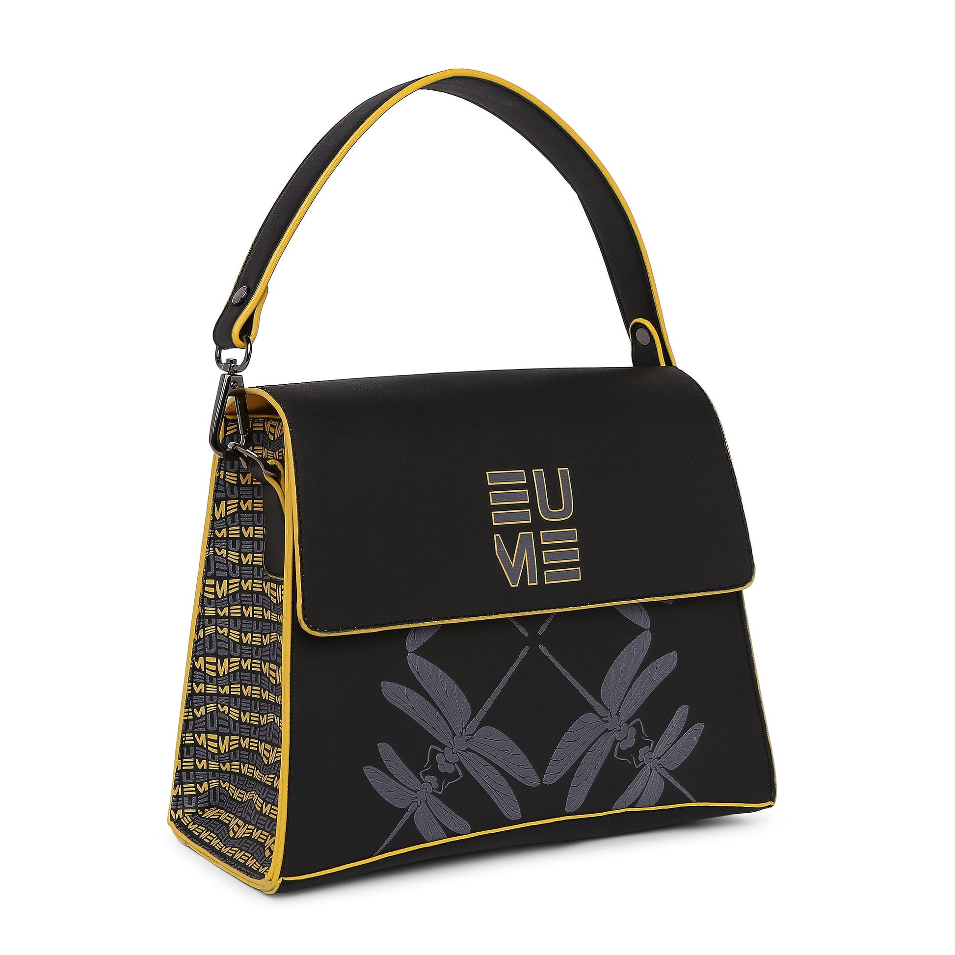 Spike-tail Satchel Handbag with dragonfly design and yellow accents.