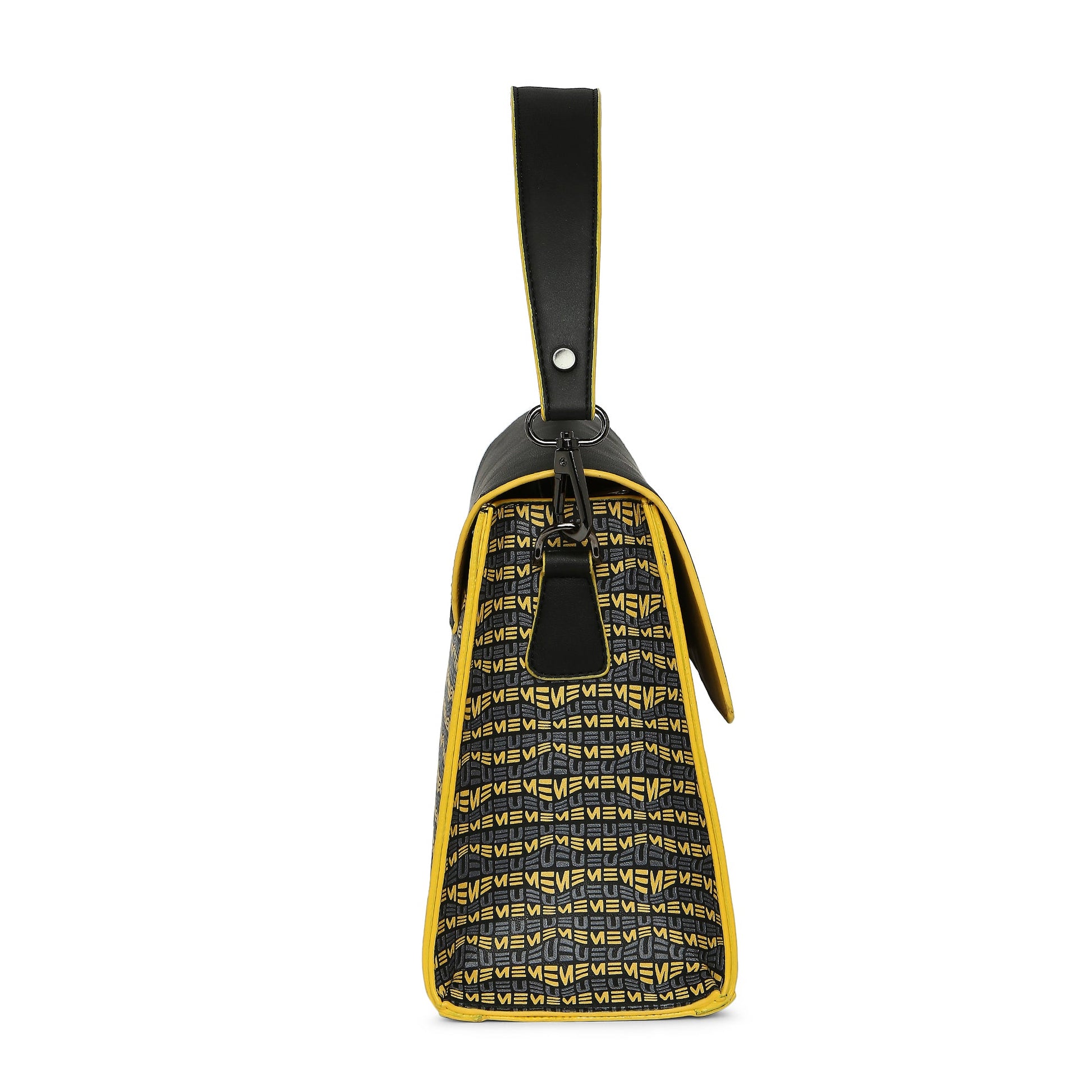 Spike-tail Satchel Handbag in black and yellow geometric pattern.