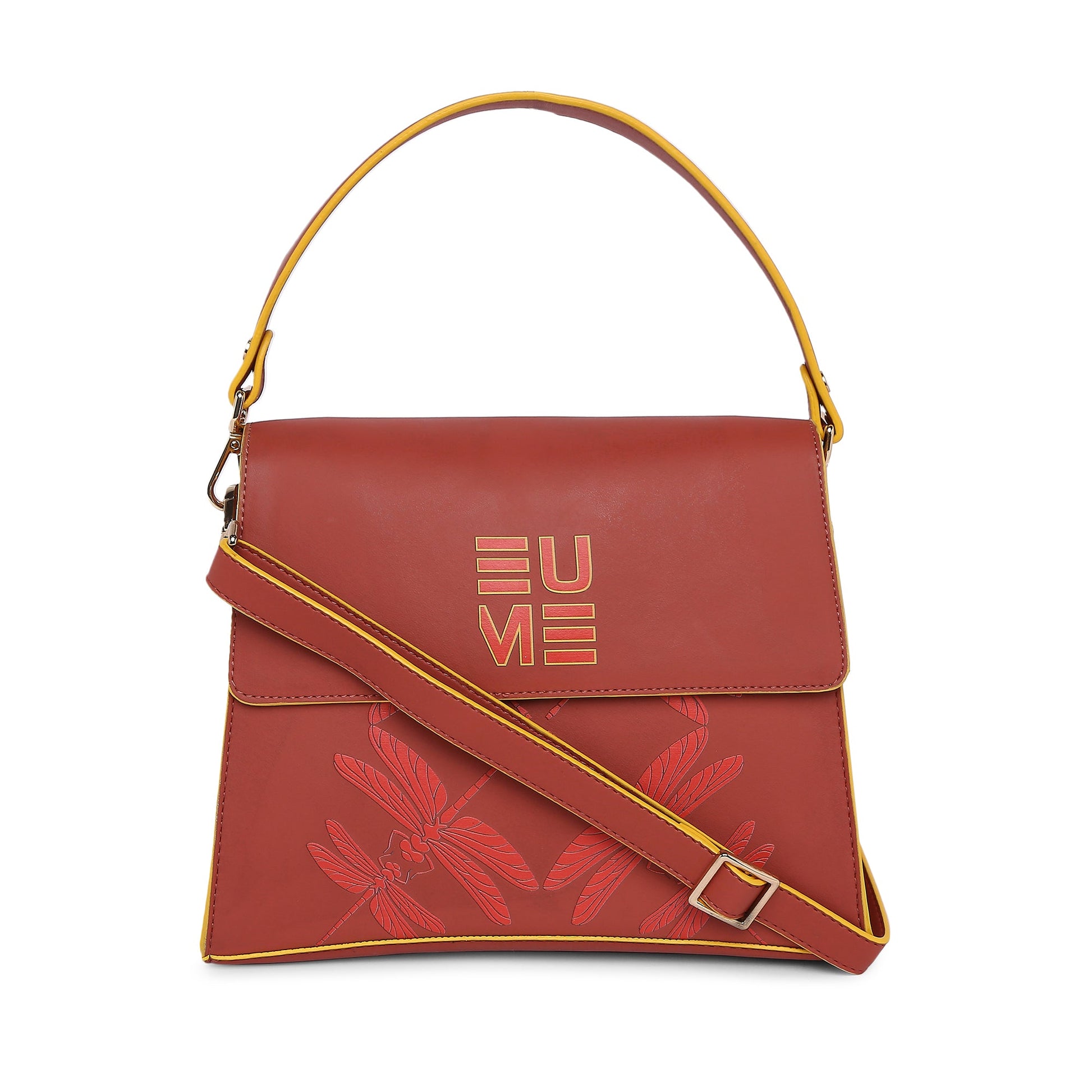 Spike-tail Satchel Handbag in red with stylish dragonfly design.