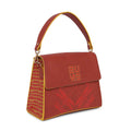 Spike-tail satchel handbag in red leather with yellow accents.