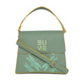 Spike-tail satchel handbag in green with dragonfly design.