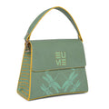 Spike-tail Satchel Handbag in green with dragonfly design and yellow accents.